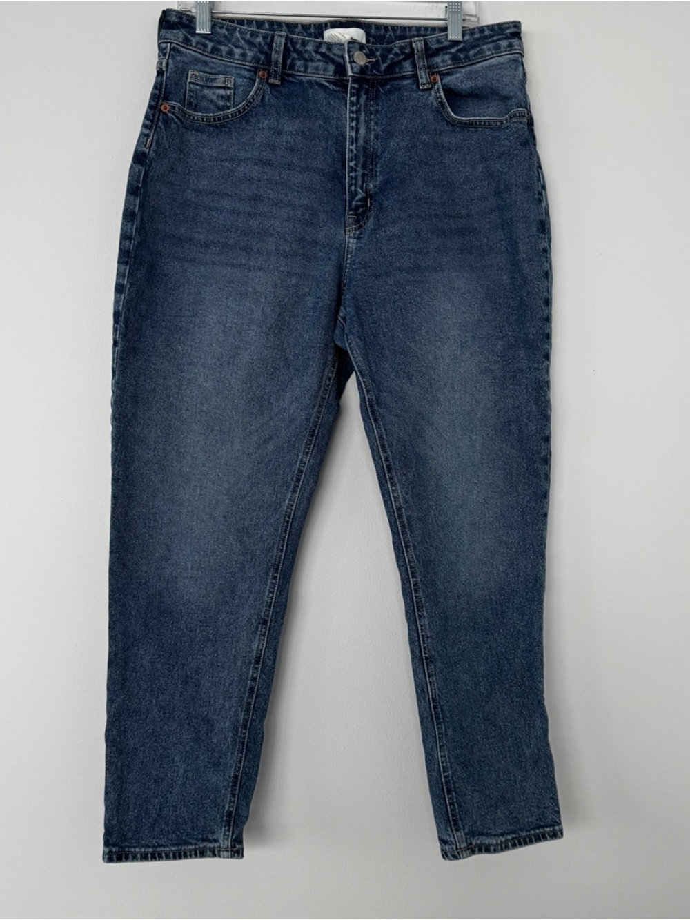 H&M High Waisted Mom Slim Jeans Blue Wash Size 14 Tapered Ankle 90s Style